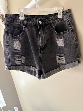 SHEIN Washed Black Distressed High-Rise Denim Shorts
